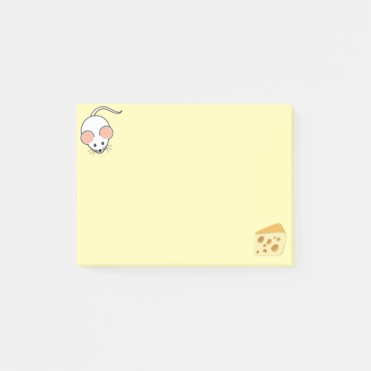黄色の付箋に描かれたかわいい白いネズミとチーズ ポストイット (正面)