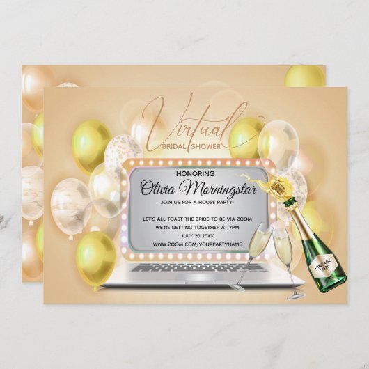 黄色の仮想ブライダルシャワーお祝いノートパソコン 招待状 (正面/裏面)