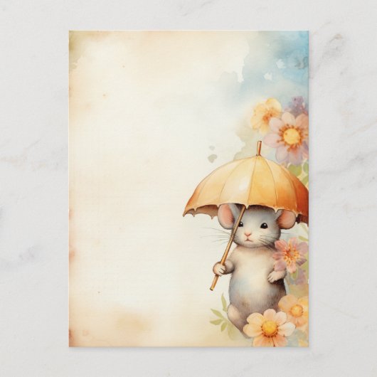 黄色の傘の水彩画の背景のマウス ポストカード (正面)