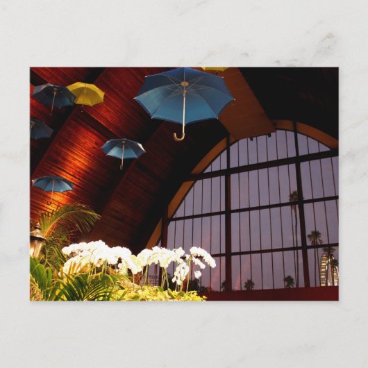 黄色の傘の白い花ブルーアートフォト ポストカード (正面)