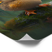 黄色の傘をさしたかわいいあひるの雨の日の保育園アート ポスター (角)