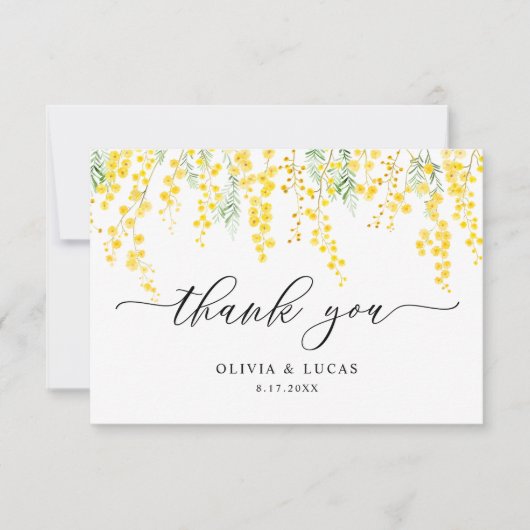 黄色の優美な野生の花ミモサ素朴結婚の サンキューカード (正面)