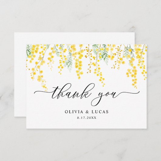 黄色の優美な野生の花ミモサ素朴結婚の サンキューカード (正面/裏面)