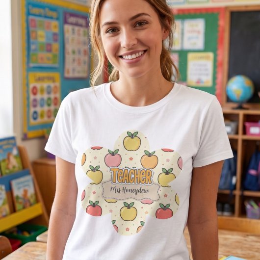 黄色の先生の学校のアップルパターン Tシャツ