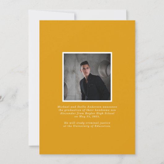 黄色の写真モダンコラージュの卒業発表 招待状 (裏面)