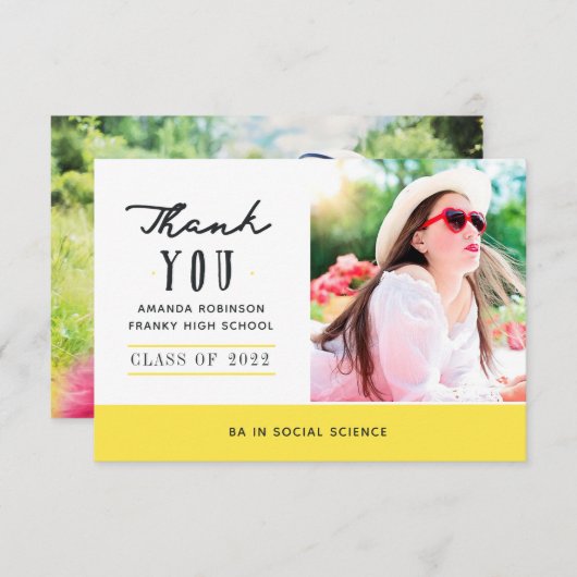 黄色の卒業写真サンキューカード サンキューカード (正面/裏面)