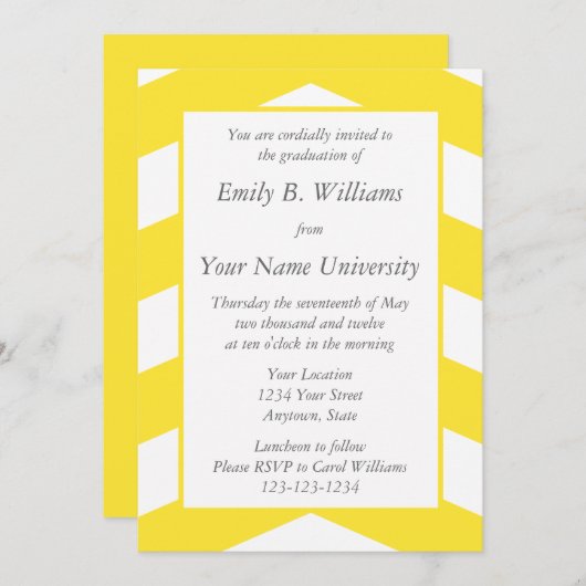 黄色の卒業案内または発表 招待状 (正面/裏面)