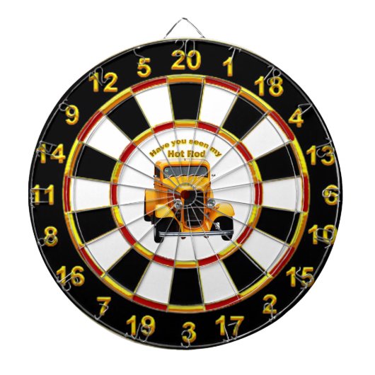 黄色の古いロードスターと金ゴールドブラックフォイルデザイン ダーツボード (正面)