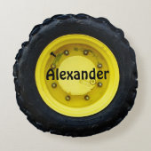 黄色の名パーソナライズされた前トラクタホイールタイヤ ラウンドクッション (正面)
