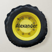 黄色の名パーソナライズされた前トラクタホイールタイヤ ラウンドクッション (裏面)