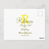 黄色の名前のモノグラムが入った15歳の誕生日おめでとう ポストカード (裏面)