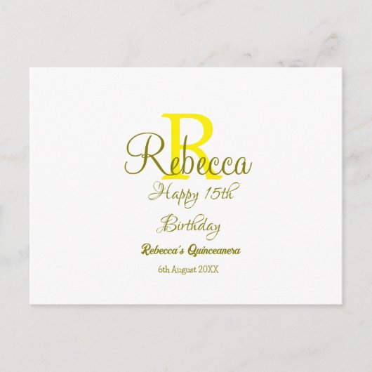黄色の名前のモノグラムが入った15歳の誕生日おめでとう ポストカード (正面)