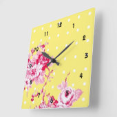 黄色の壁時計にピンクのバラ スクエア壁時計 (傾斜)