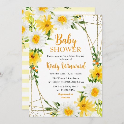 黄色の夏の花と金ゴールドフレーム赤ちゃんシャワー 招待状 (正面/裏面)