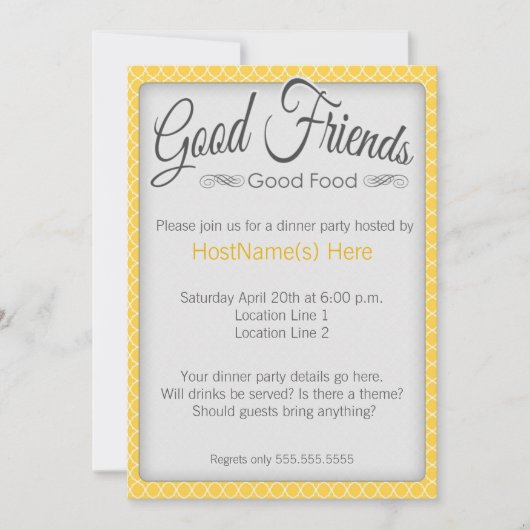 黄色の夕食のパーティの招待状 招待状 (正面)