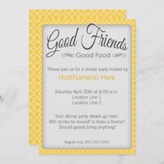 黄色の夕食のパーティの招待状 招待状 (正面/裏面)