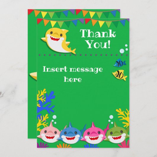黄色の子供のサメのグリーンの誕生日 サンキューカード (正面/裏面)