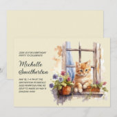 黄色の子猫の窓辺の花 誕生日 招待状 (正面/裏面)