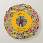 黄色の学校バス学校の最初の日カスタム写真 ラウンドクッション (裏面)