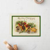 黄色の小さなヴィンテージカーのクリスマス ノートカード (正面/裏面インサイチュ)