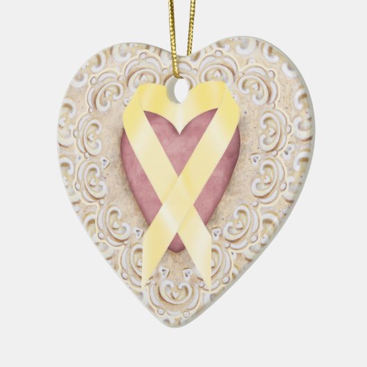 黄色の小児癌のリボンからのハート- SR セラミックオーナメント (左)