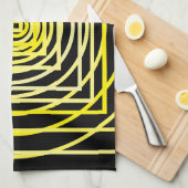 黄色の幾何学円の正方形の黒 キッチンタオル (四つ折り)