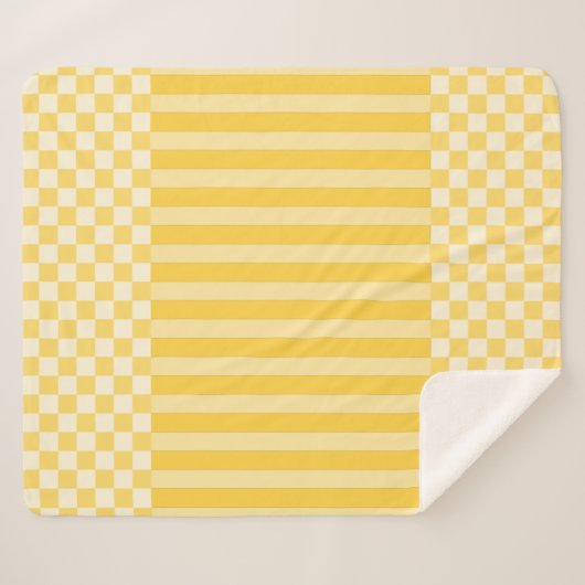 黄色の幾何学的なチェックとストライプ シェルパブランケット (正面(横))