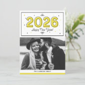 黄色の幾何学的タイポグラフィ写真ハッピーニューイヤー シーズンカード (スタンド正面)