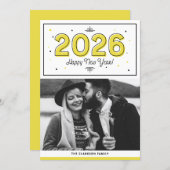 黄色の幾何学的タイポグラフィ写真ハッピーニューイヤー シーズンカード (正面/裏面)