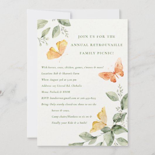 黄色の庭の葉の蝶 年間ピクニック 招待状 (正面)