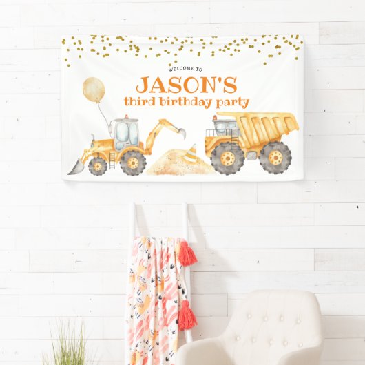 黄色の建築トラック誕生日大バナー 横断幕 (インサイチュ)