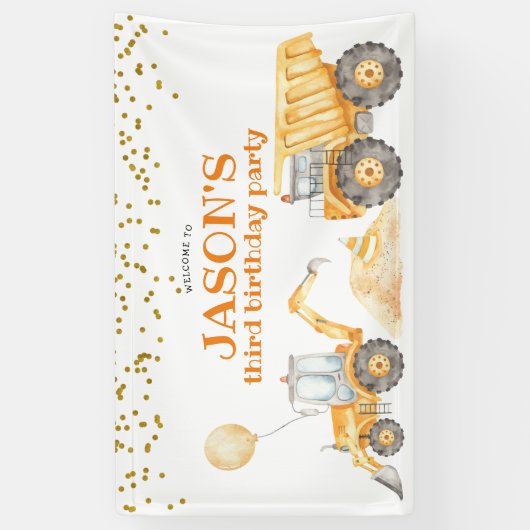 黄色の建築トラック誕生日大バナー 横断幕 (縦)