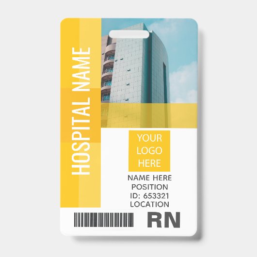 黄色の従業員の写真、バーコード、ロゴ、名前ID バッジ (正面)