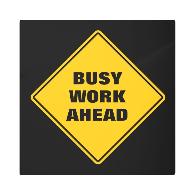 黄色の忙し前方クラシック注意道路標識 メタルプリント (正面)