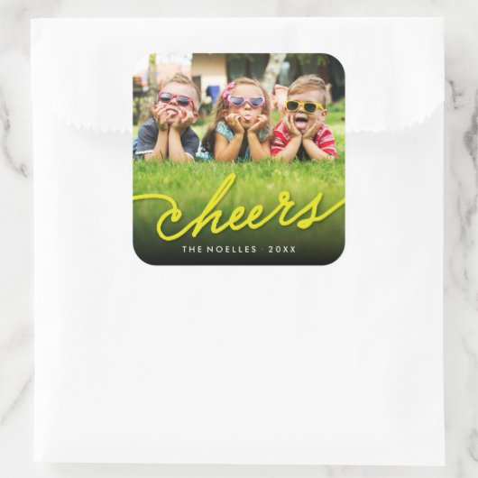 黄色の応援書道スクリプトフォトホリデー スクエアシール (バッグ)