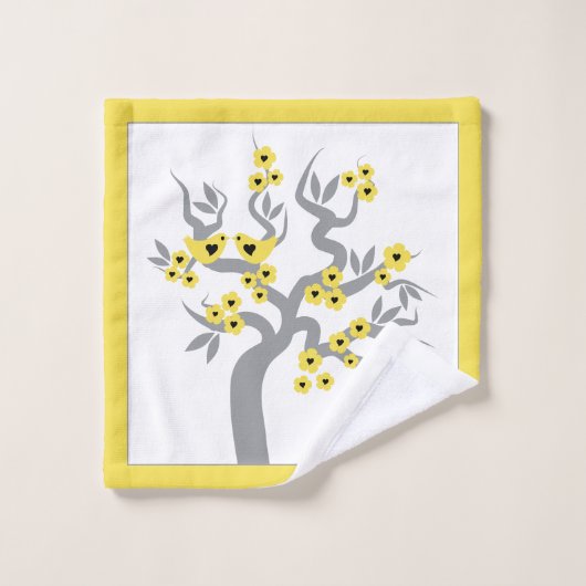 黄色の愛の鳥の灰色のさくらんぼの木縁どの花 バスタオルセット (ウォッシュタオル)