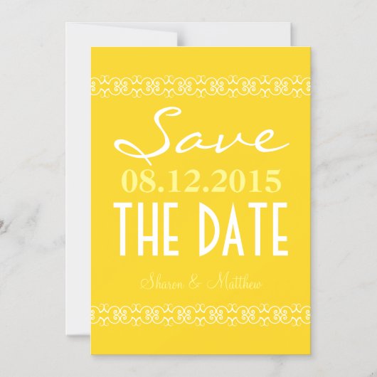黄色の文字は、日付の磁気結婚式の招待を保存 マグネット招待状 (正面)