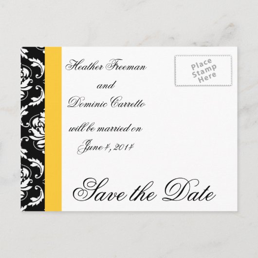 黄色の日付はがきブラックダマスク写真を保存 案内ポストカード (裏面)