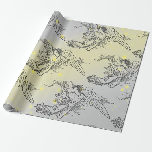 黄色の星と天使飛んでいるの包装紙 ラッピングペーパー (アンロールド)