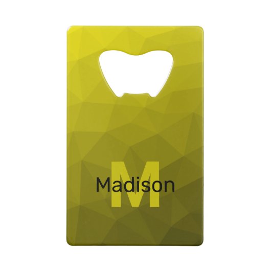 黄色の暗い幾何グラデーションメッシュパターンモノグラム クレジットカード栓抜き (正面)