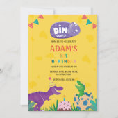 黄色の最初の誕生日グリーン&紫の恐竜 招待状 (正面)