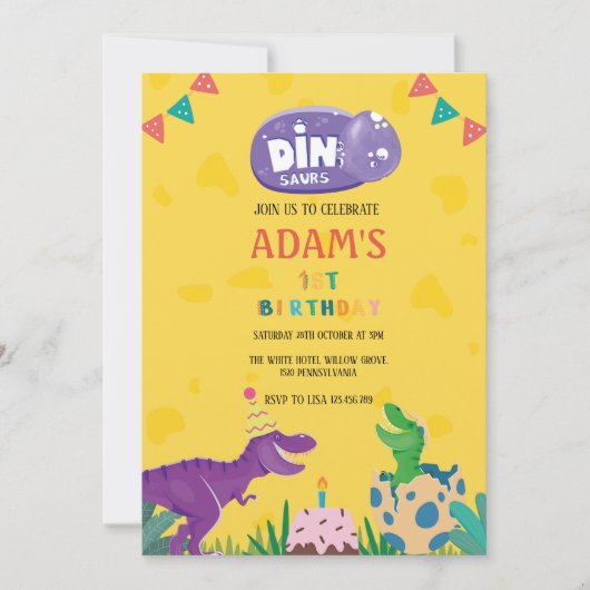 黄色の最初の誕生日グリーン&紫の恐竜 招待状 (正面)