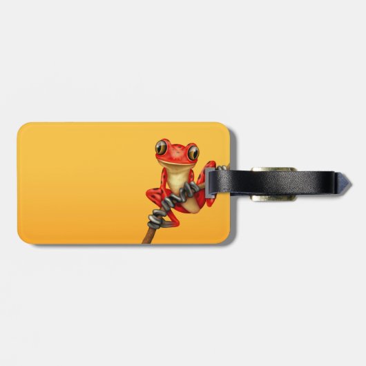 黄色の枝のかわいく赤いアマガエル ラゲッジタグ (裏面横)