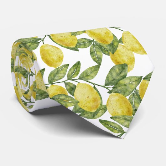 黄色の柑橘系水色のレモンと緑葉の ネクタイ (ロール)