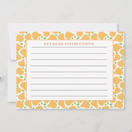 黄色の梨の素朴な詳細レシピノートカード ノートカード (裏面)