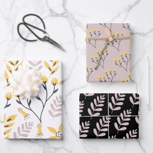 黄色の植物柄包装紙シート ラッピングペーパーシート (正面)