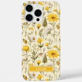 黄色の植物水彩花柄ネーム iPhone 16 PRO MAXケース