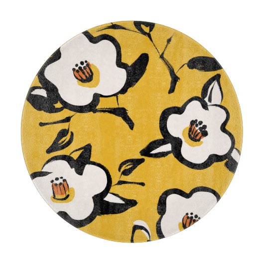 黄色の椿、スケッチーフローラヴィンテージ。 カッティングボード (正面)