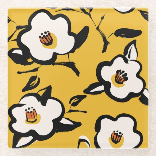 黄色の椿、スケッチーフローラヴィンテージ。 ガラスコースター (正面)