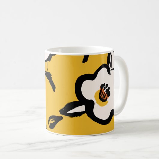 黄色の椿、スケッチーフローラヴィンテージ。 コーヒーマグカップ (正面右)